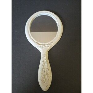 Vintage Plastic/Resin White/Ivory Vanity Hand Mirror 12.5”x6” Retro Scroll Work